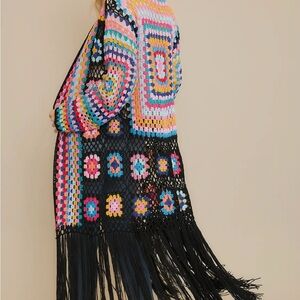 Sweet Generis M/L Black Multi Crochet Fringe Cardigan Grannycore Cottagecore
